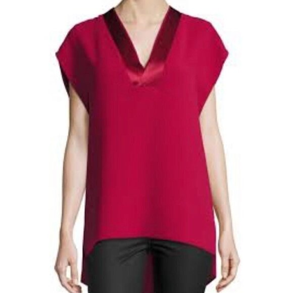 Vince Sz XS Red Satin V Neck Tunic Top Blouse High Low Hem Sleeveless - Picture 1 of 10